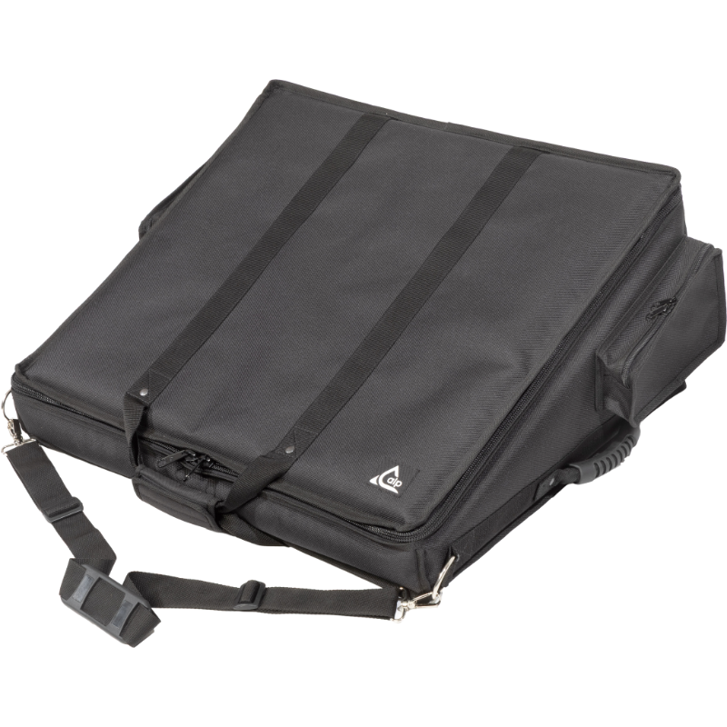 Professional custom fit bag front right view, featuring durable 1500 Denier Cordura and exterior pockets for an Allen & Heath QU-6 console by ALP Bags.