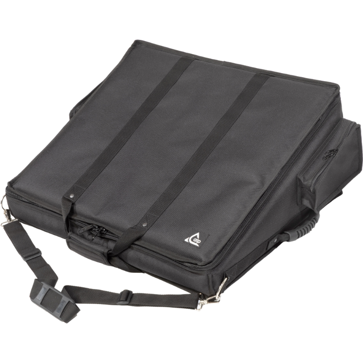 Professional custom fit bag front right view, featuring durable 1500 Denier Cordura and exterior pockets for an Allen & Heath QU-6 console by ALP Bags.