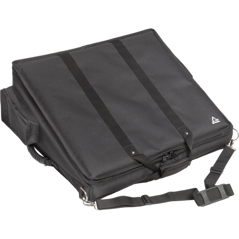 Professional custom fit bag front view, featuring durable 1500 Denier Cordura and exterior pockets for an Allen & Heath QU-6 console by ALP Bags.