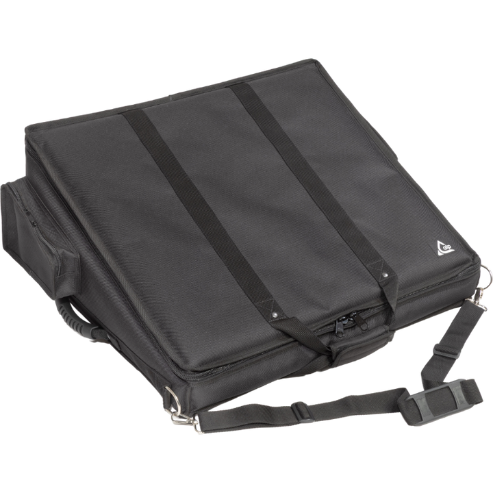 Professional custom fit bag front view, featuring durable 1500 Denier Cordura and exterior pockets for an Allen & Heath QU-6 console by ALP Bags.