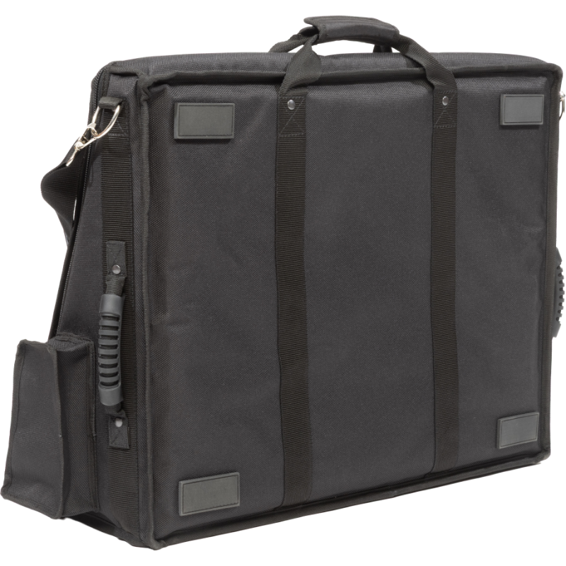 Professional equipment bag bottom view, showcasing reinforced finishing borders, removable shoulder strap, and multiple handles by ALP.