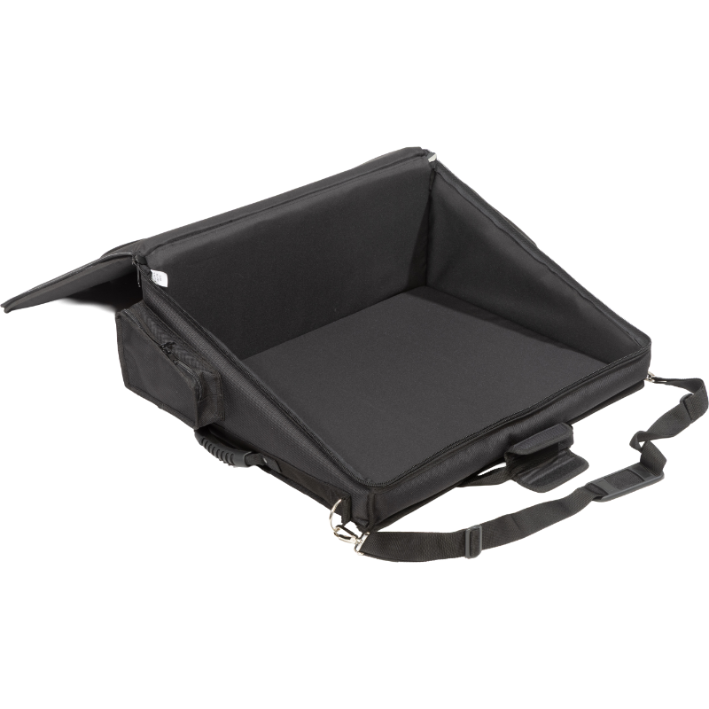 Interior view of the professional bag, highlighting the rigid Platex structure and secure fit for the digital mixing console.