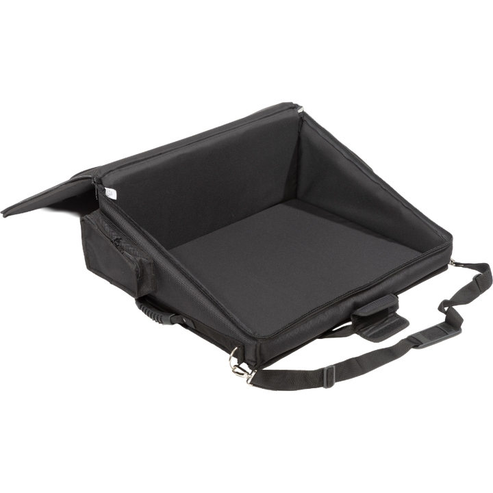 Interior view of the professional bag, highlighting the rigid Platex structure and secure fit for the digital mixing console.