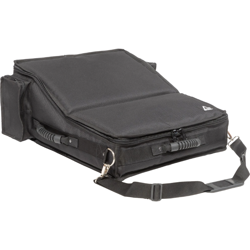 Professional custom fit bag front right view, featuring durable 1500 Denier Cordura and exterior pockets for an Allen & Heath SQ 5 console by ALP Bags
