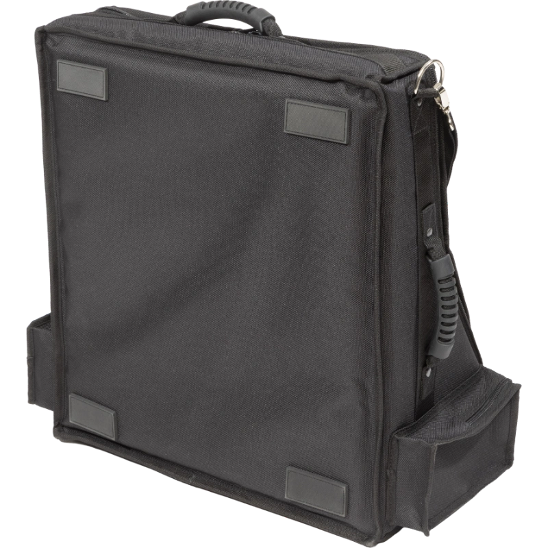 Professional equipment bag bottom view, showcasing reinforced finishing borders, shoulder strap, and multiple handles by ALP.
