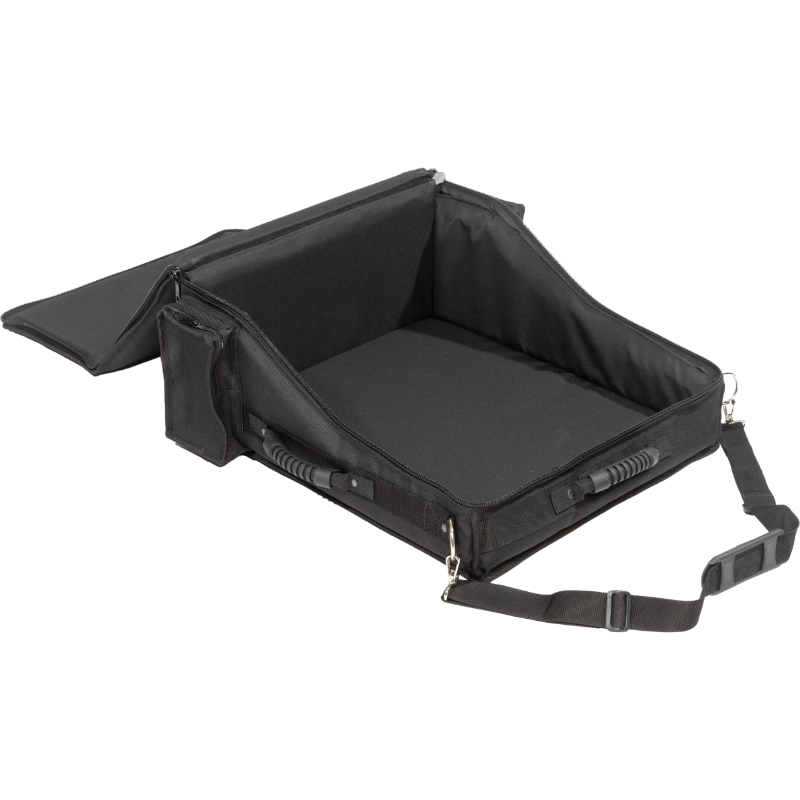 Interior view of the professional bag, highlighting the rigid Platex structure and secure fit for the digital mixing console.