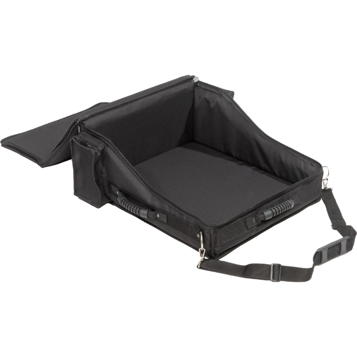Interior view of the professional bag, highlighting the rigid Platex structure and secure fit for the digital mixing console.