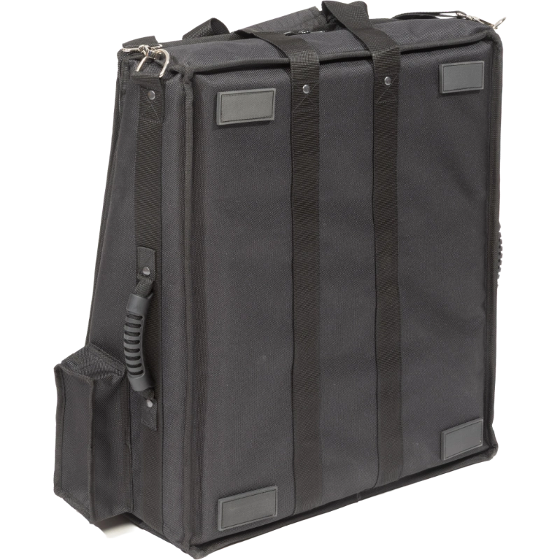 Professional equipment bag rear view, showcasing reinforced finishing borders, shoulder strap, and multiple handles by ALP