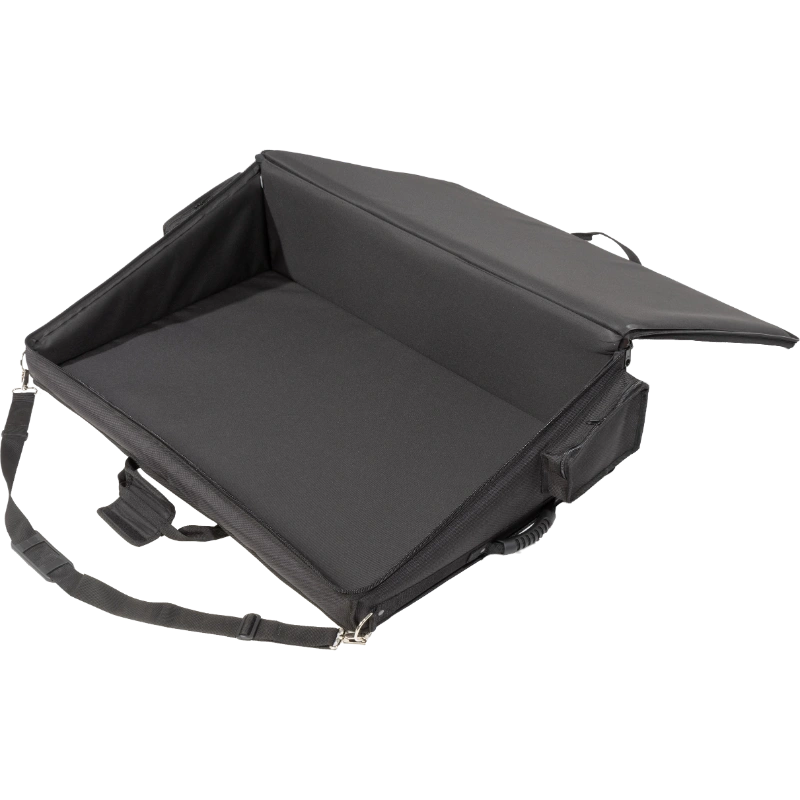 Professional equipment bag rear view, showcasing reinforced finishing borders, shoulder strap, and silkscreen logos by ALP