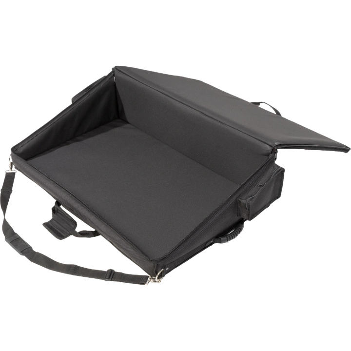 Professional equipment bag rear view, showcasing reinforced finishing borders, shoulder strap, and silkscreen logos by ALP
