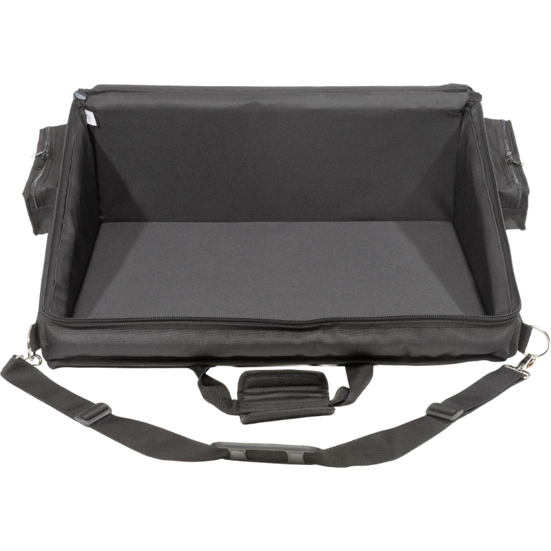 Interior view of the professional bag, highlighting the rigid Platex structure and secure fit for the compact digital mixing console