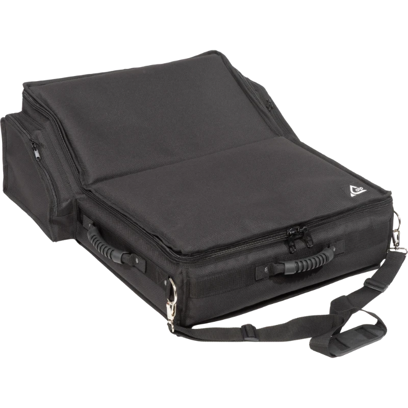 Professional custom fit bag front view, featuring durable 1500 Denier Cordura and exterior pockets for a Midas M32R Live console by ALP Bags.