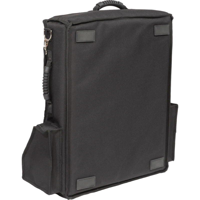 Professional equipment bag rear view, showcasing reinforced finishing borders, removable backpack straps, and multiple handles by ALP.