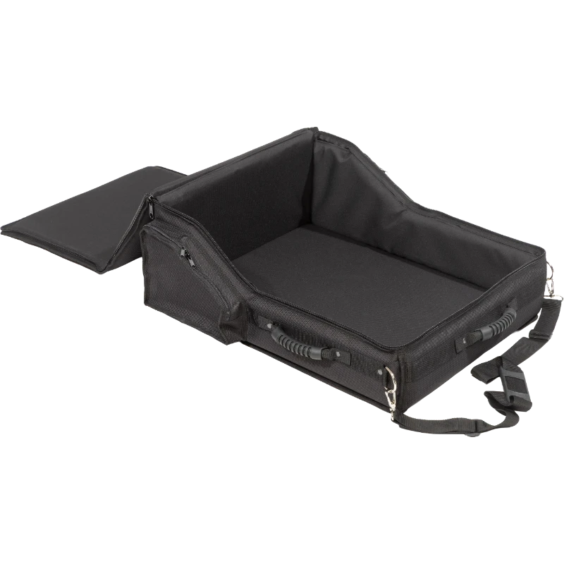 Interior view of the professional bag, highlighting the rigid Platex structure and secure fit for the digital mixing console.