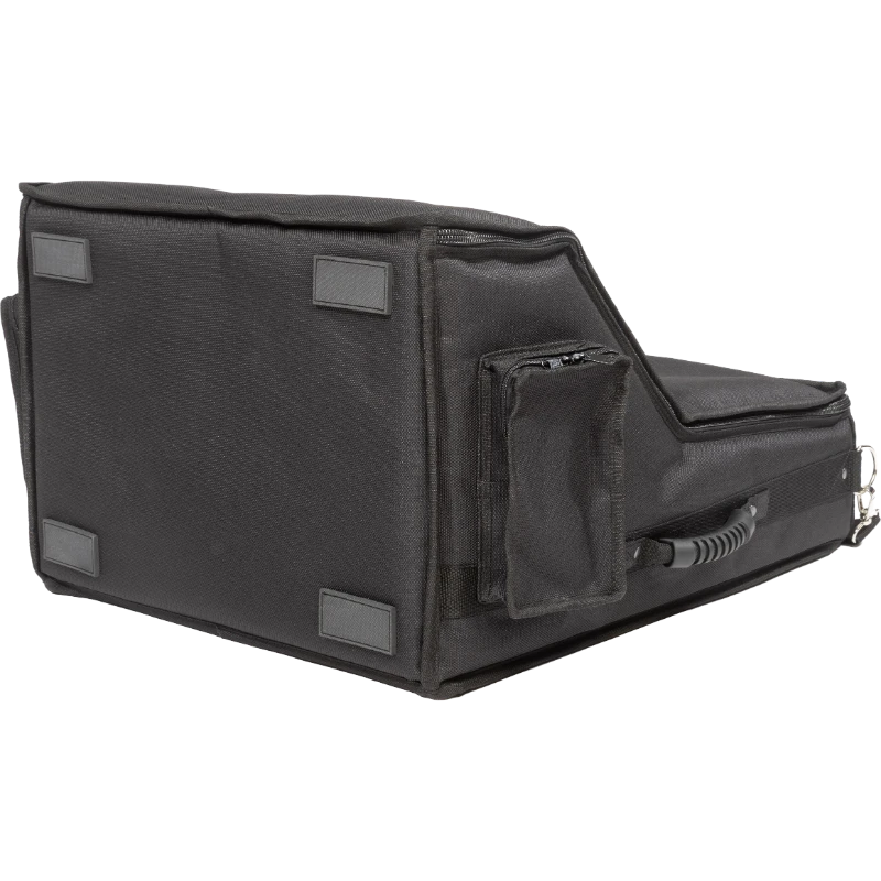 Professional equipment cover rear view, showcasing reinforced finishing borders, shoulder strap, and silkscreen logos by ALP.