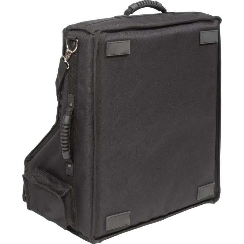 Professional equipment cover rear view, showcasing reinforced finishing borders, shoulder strap, and silkscreen logos by ALP