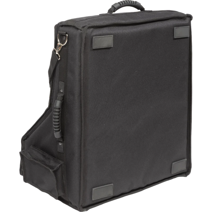 Professional equipment cover rear view, showcasing reinforced finishing borders, shoulder strap, and silkscreen logos by ALP