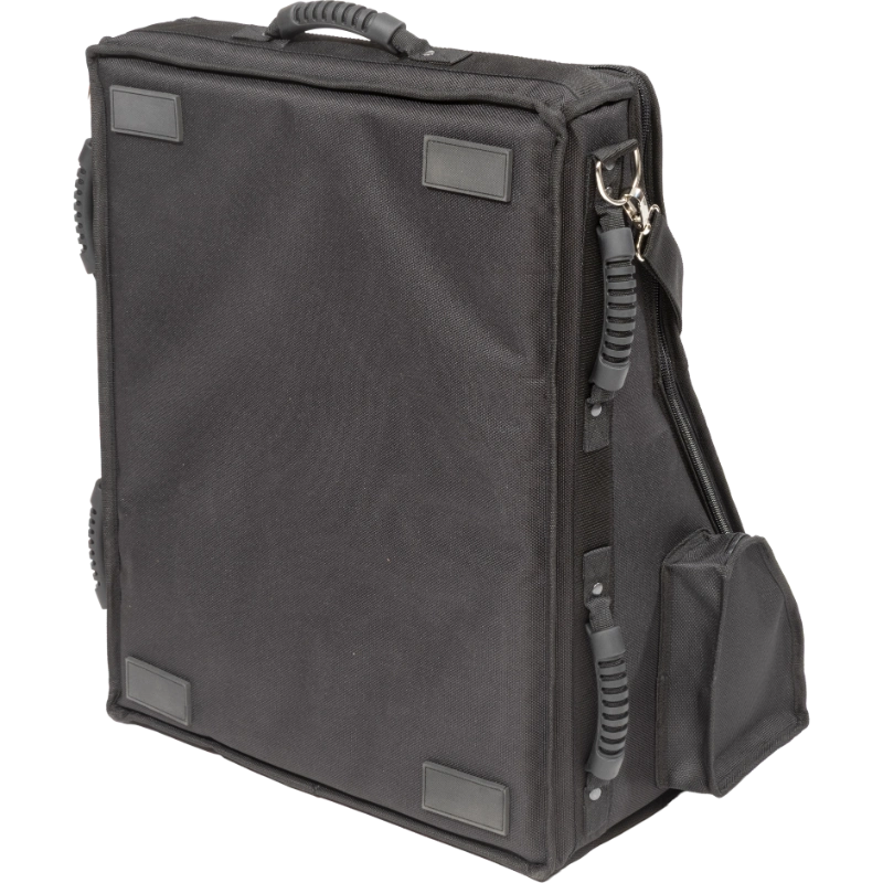Professional equipment bag bottom view, showcasing reinforced finishing borders, removable shoulder strap, and multiple heavy-duty handles by ALP.