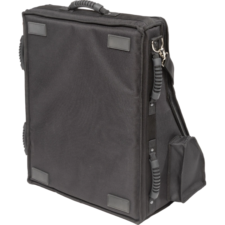 Professional equipment bag bottom view, showcasing reinforced finishing borders, removable shoulder strap, and multiple heavy-duty handles by ALP.