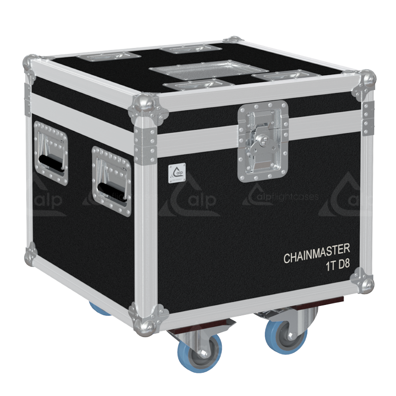 Professional flight case front view, featuring durable construction and high-quality hardware for 1x ChainMaster 1T D8 motor by ALP Flight Cases.