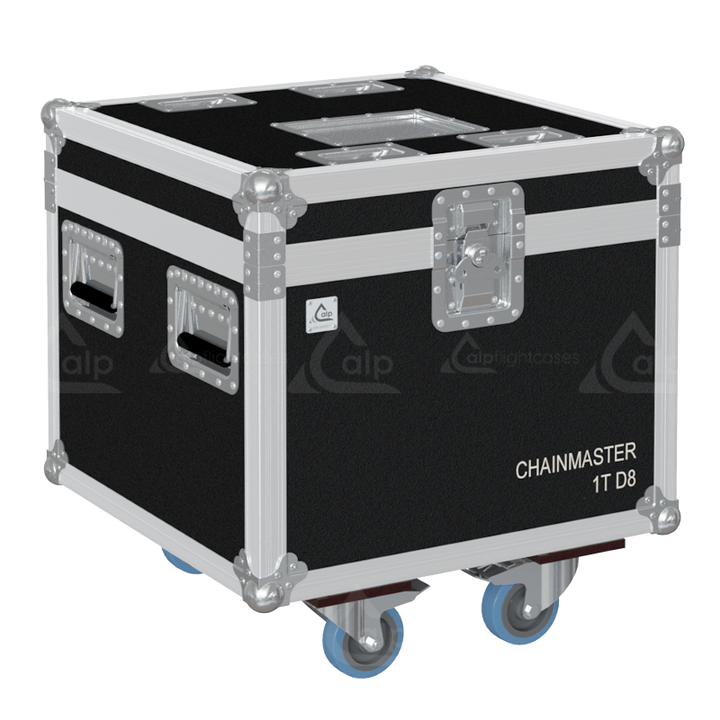 Professional flight case front view, featuring durable construction and high-quality hardware for 1x ChainMaster 1T D8 motor by ALP Flight Cases.