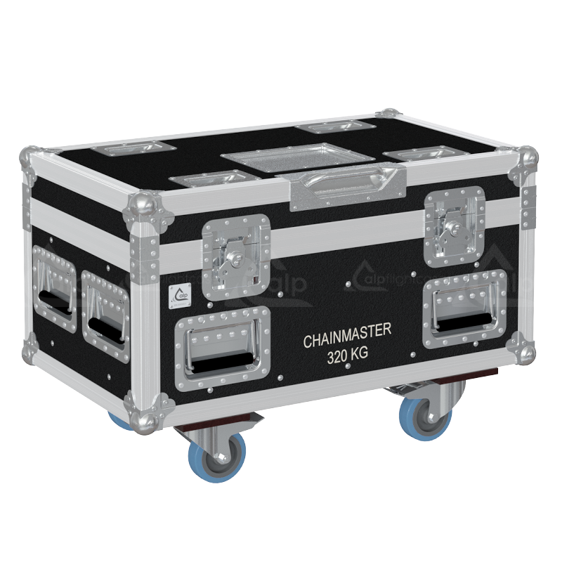 Professional flight case front view, featuring durable construction and high-quality hardware for 2x ChainMaster 320kg motors by ALP Flight Cases.