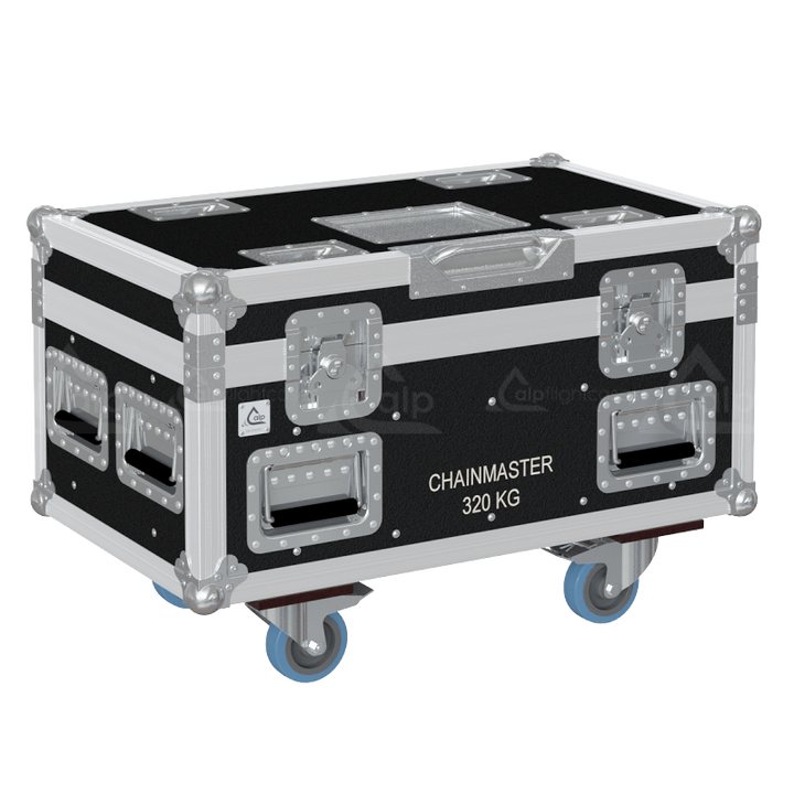 Professional flight case front view, featuring durable construction and high-quality hardware for 2x ChainMaster 320kg motors by ALP Flight Cases.