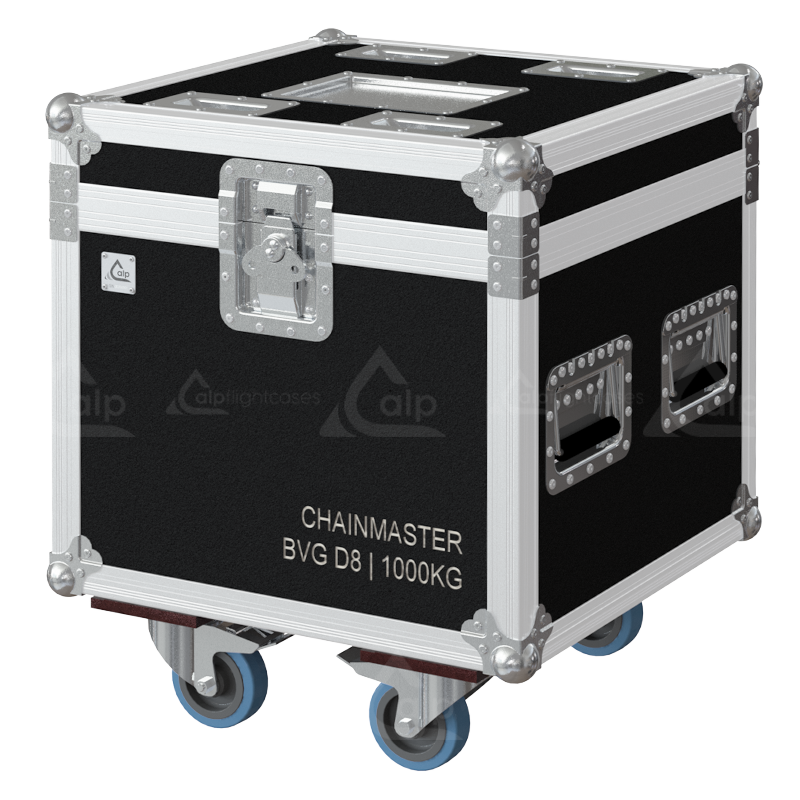Professional flight case front view, featuring durable construction and high-quality hardware for 1x ChainMaster BGV D8 1T motor by ALP Flight Cases.