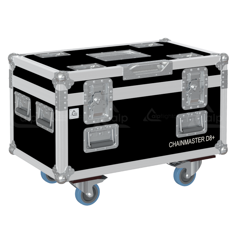 Professional flight case front view, featuring durable construction and high-quality hardware for 2x ChainMaster D8+ motors by ALP Flight Cases.