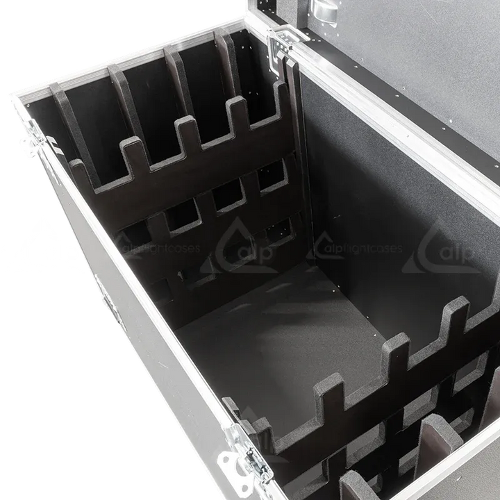Close-up detail of the internal components, locking mechanisms, and specialized foam interior for Chauvet lighting.