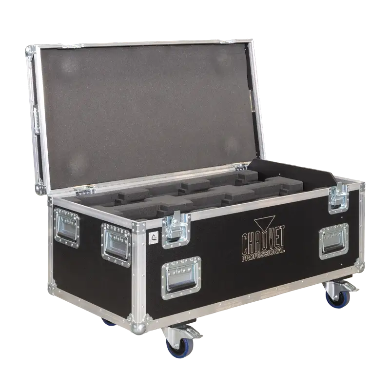 Open view of the lighting flight case interior highlighting the custom CNC-machined PLASTAZOTE LD29 foam dividers designed to securely hold six fixtures