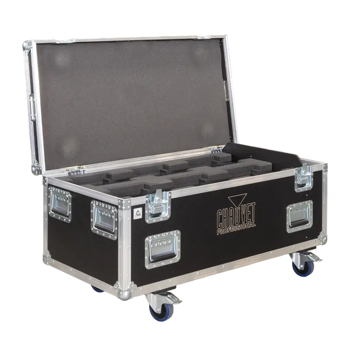 Open view of the lighting flight case interior highlighting the custom CNC-machined PLASTAZOTE LD29 foam dividers designed to securely hold six fixtures