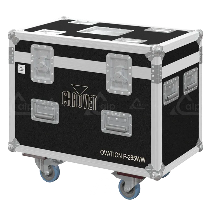 Professional flight case front view, featuring durable construction and high-quality hardware for 2x Chauvet Ovation F-265WW by ALP Flight Cases.