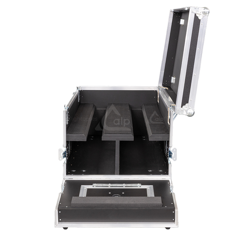 Empty interior view of the professional flight case, highlighting the precision-engineered compartment for PXL Curve housing and accessory drawer.