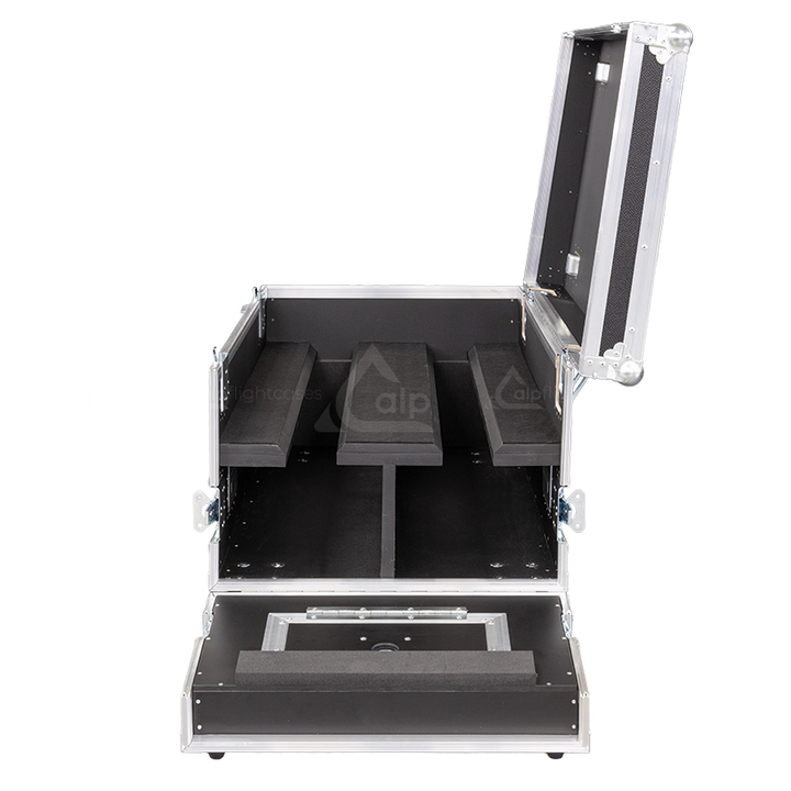 Empty interior view of the professional flight case, highlighting the precision-engineered compartment for PXL Curve housing and accessory drawer.