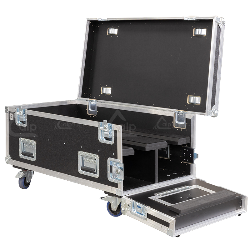 Empty interior view of the professional flight case, highlighting the precision-engineered compartment for PXL Curve housing and accessory drawer.