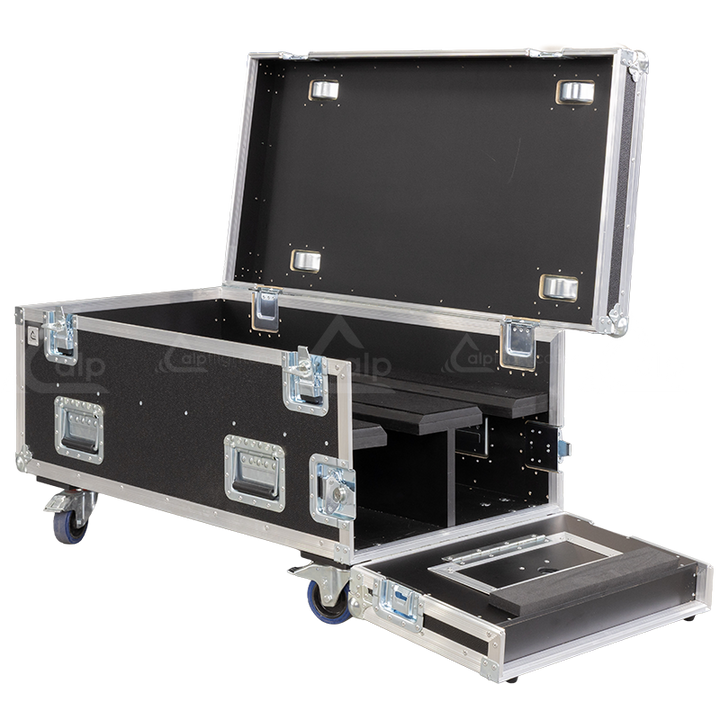 Empty interior view of the professional flight case, highlighting the precision-engineered compartment for PXL Curve housing and accessory drawer.