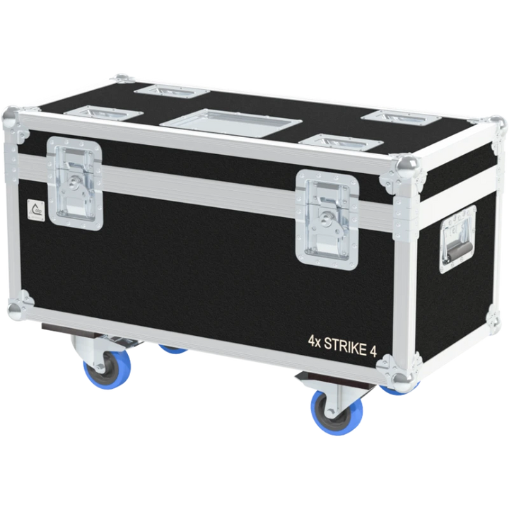 Professional flight case front view, featuring durable construction and high-quality hardware for 4x Chauvet Strike 4 by ALP Flight Cases.