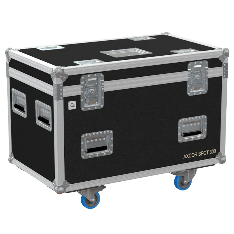 Professional custom fit flight case front view, featuring 10mm birch plywood and PVC finish for 2x Clay Paky Axcor Beam 300 moving heads by ALP