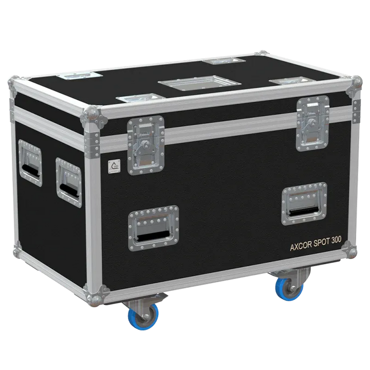 Professional custom fit flight case front view, featuring 10mm birch plywood and PVC finish for 2x Clay Paky Axcor Beam 300 moving heads by ALP