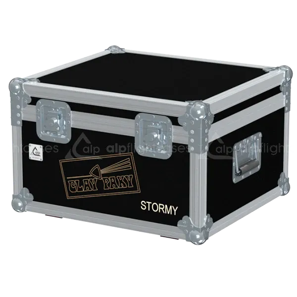 Professional flight case front view, featuring durable construction for 2x Clay Paky Stormy CC by ALP Flight Cases.