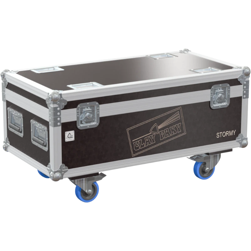 Professional flight case front view, featuring durable construction and high-quality hardware for 4x Clay Paky Stormy CC by ALP Flight Cases.