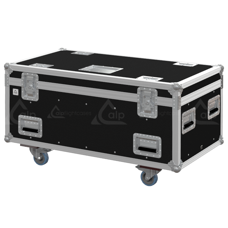 Front view of ALP professional flight case for 2x CM Lodestar D8+ Mod.L rigging motors with wheels.