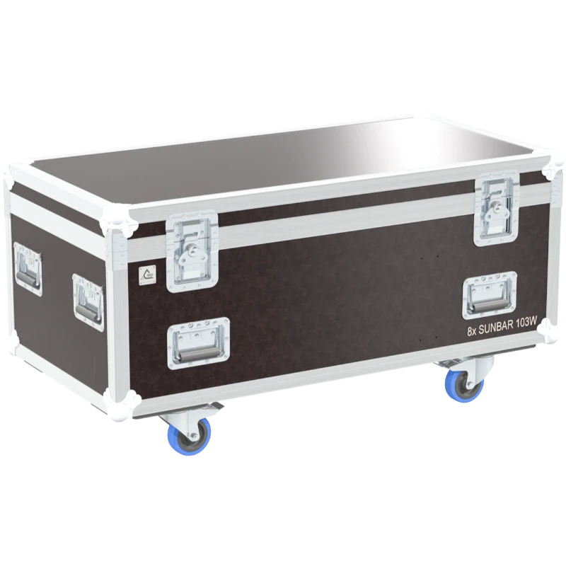 Professional flight case front view, featuring durable construction and high-quality hardware for 8x Contest Sunbar 103W bars by ALP Flight Cases.
