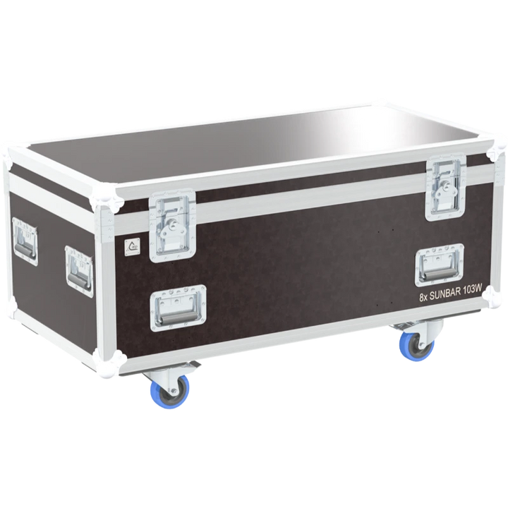 Professional flight case front view, featuring durable construction and high-quality hardware for 8x Contest Sunbar 103W bars by ALP Flight Cases.
