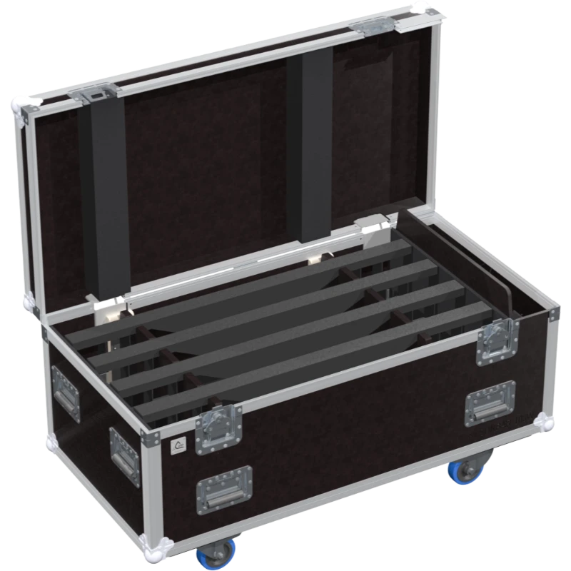 Interior view of the professional flight case, fully loaded and secured with custom padding for 8x Contest Sunbar 103W 10LED bars.