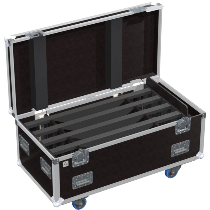 Interior view of the professional flight case, fully loaded and secured with custom padding for 8x Contest Sunbar 103W 10LED bars.
