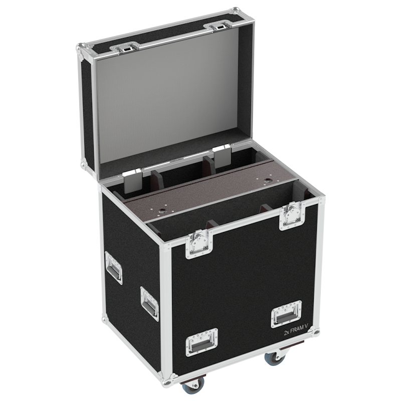 Open view of the rigging flight case interior, custom-padded for the secure transport of 2x D&B Audiotechnik E12 units