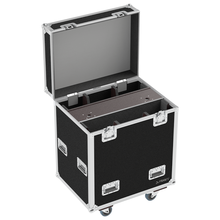Open view of the rigging flight case interior, custom-padded for the secure transport of 2x D&B Audiotechnik E12 units