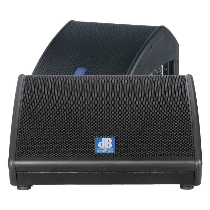 Pair of dBTechnologies Flexys FMX12 active coaxial stage monitors showing the low-profile wedge design